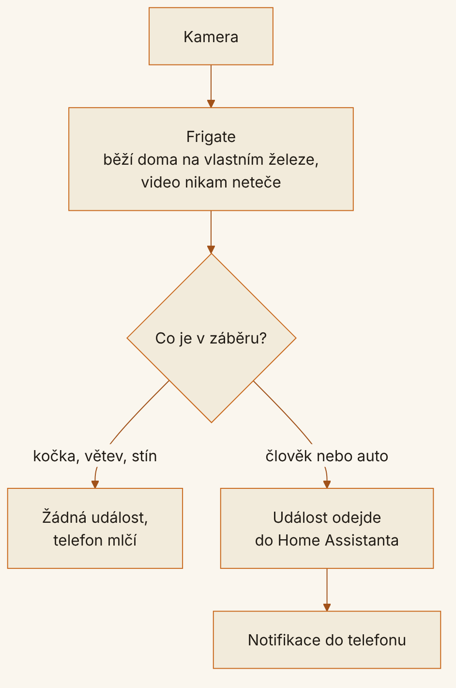 Schéma toku od kamery k notifikaci. Kamera posílá obraz do Frigate, které běží doma na vlastním železe a video nikam neteče. Frigate se ptá, co je v záběru. Když je to kočka, větev nebo stín, žádná událost nevznikne a telefon mlčí. Když je to člověk nebo auto, událost odejde do Home Assistanta a ten pošle notifikaci do telefonu.